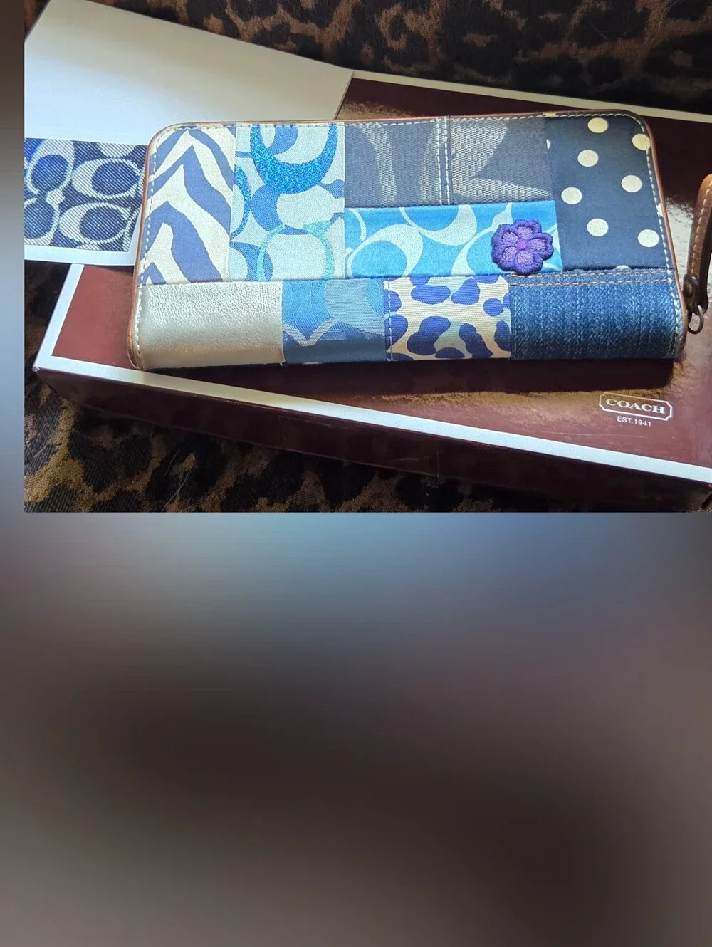 HTF, Coach Patchwork Zip Wallet Y2K — Blue & Purple Floral Patch MINT Condition!